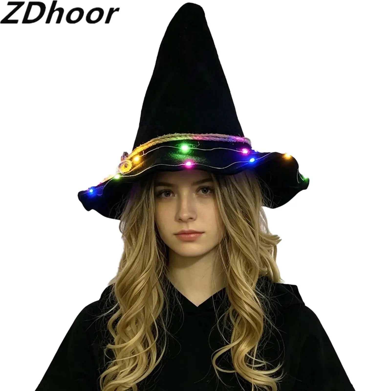 Unisex Men Women Black Felt Glowing LED Witch Wizard Pointed-hat for for Halloween Cosplay Theme Party Stage Performance