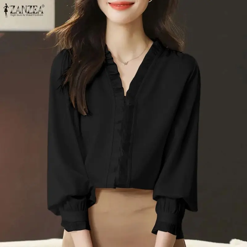 

ZANZEA 2026, женские элегантные топы с v-образным вырезом и длинными рукавами, весенняя офисная блузка, стильная однотонная рабочая рубашка с рюшами, повседневная туника Mujer Femme