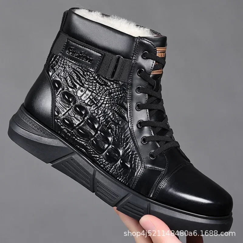 New Winter Luxury Men Ankle Boots Shoes Black Brown Crocodile Printed Zipper Chelsea Genuine Leather Dress Boots Men\'s Shoes