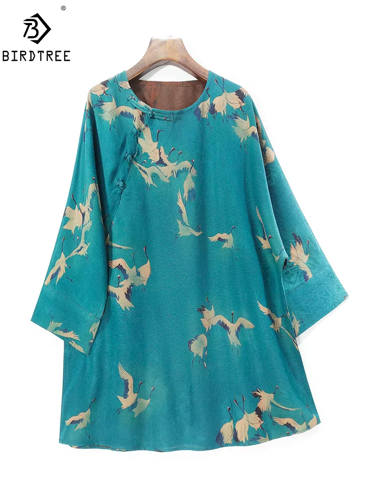 BirdTree, 35MM Watered Gauze Silk Chinese T-Shirt, Women Long Sleeve Printed, Retro Elegant Loose Tops, 2024 Summer New T45923QM