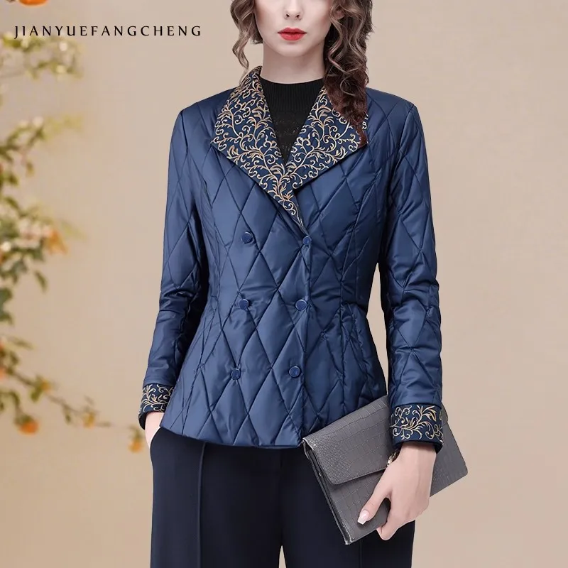 

Fashion Embroidered Women' Winter Down Jacket Blue Suit Collar Slim Short Style White Duck Down Quilted Puffer Coat