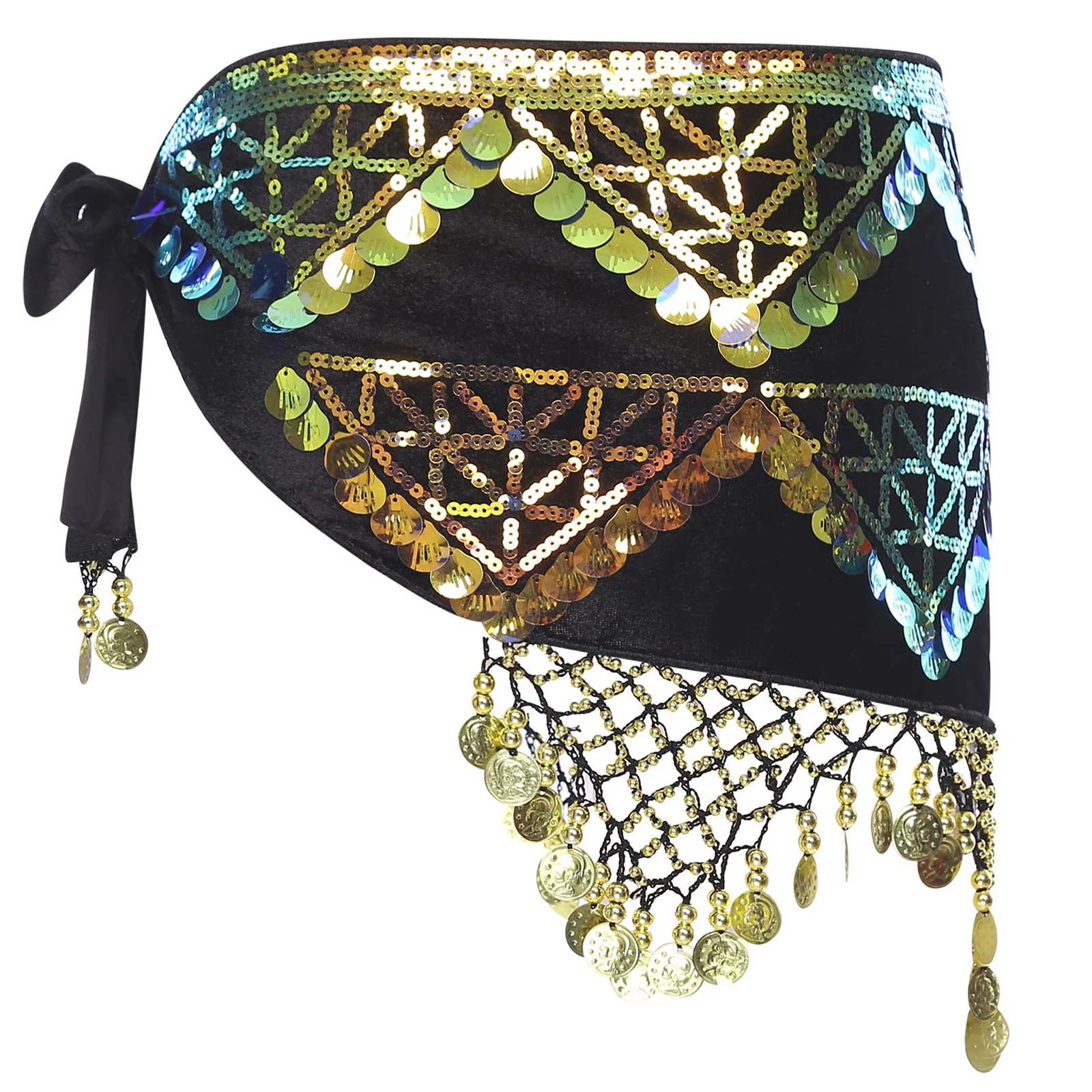 Womens Belly Dance Skirt Shiny Sequin Tassel Hip Scarf with Fringe Wrap Belly Dancewear for Modern Folk Dance Party Activities