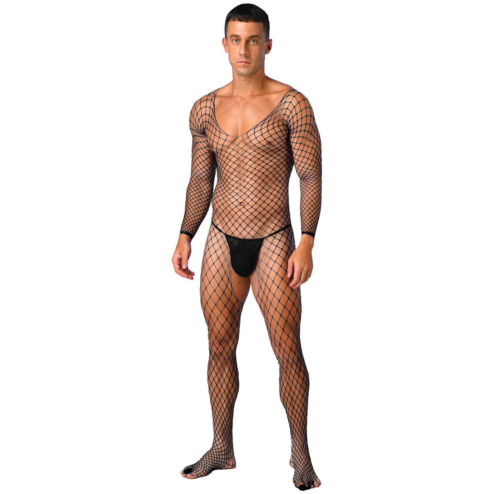 Mens Sexy Jumpsuit Long Sleeve Crotchless Bodystocking Stretchy Hollow Out Fishnet Bodysuit Mesh Lingerie Nightwear Sleepwear