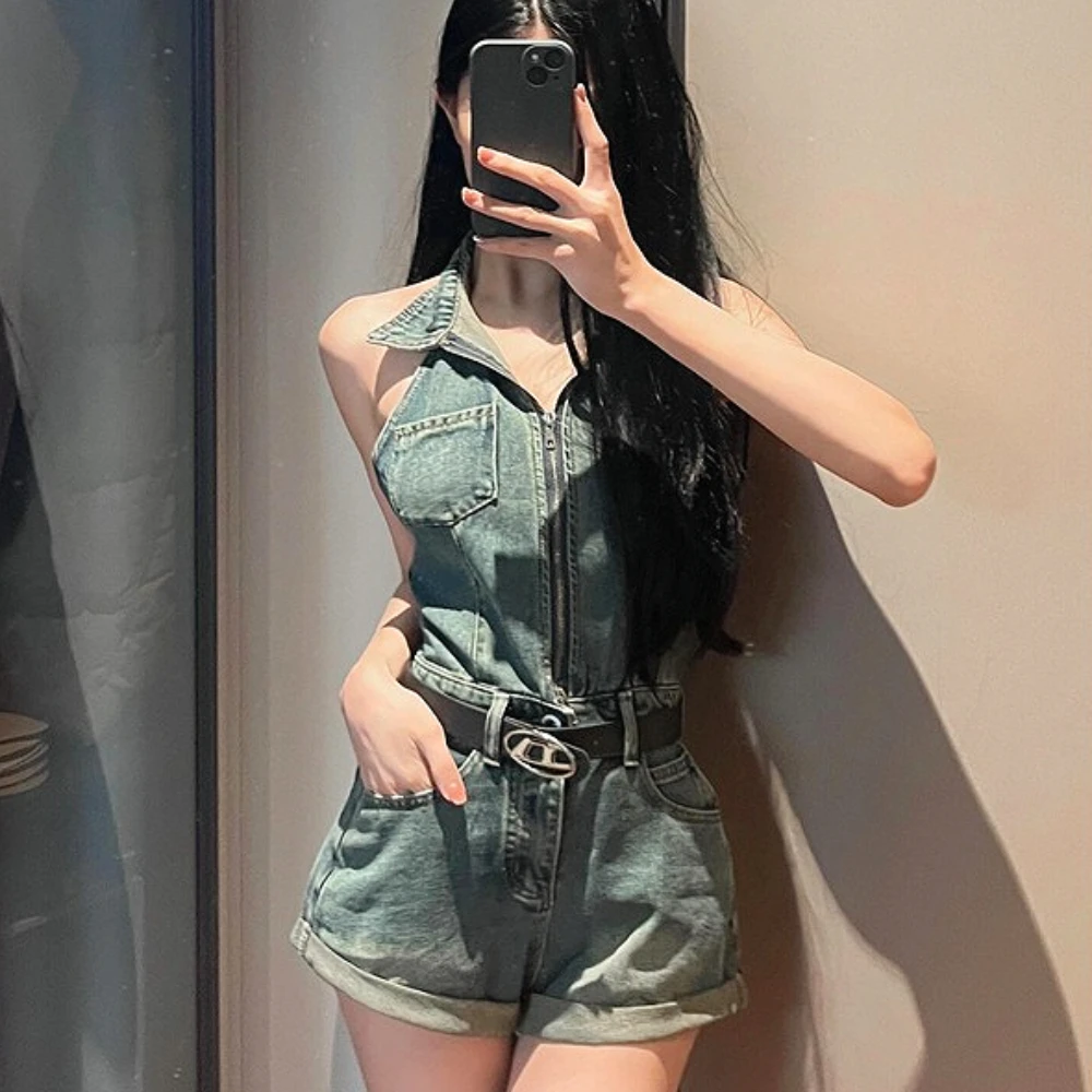 

Street Style Women's 3D Cut Backless Halter Sleeveless Lapel Zipper High Waisted Denim Jumpsuit Slim Fit Slimming Fashion Shorts