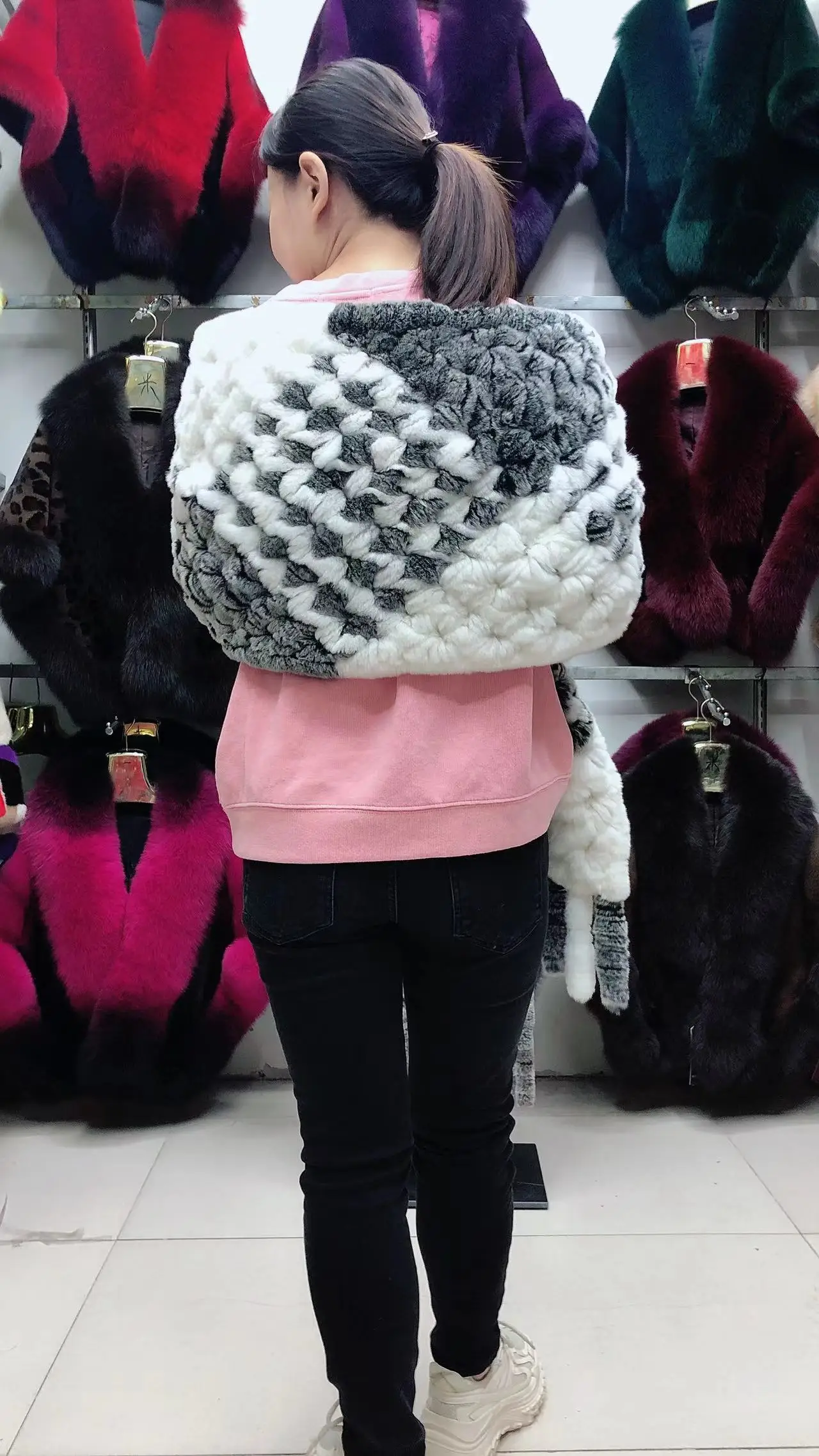 190*36cm Winter Gestrickte Echt Rex Kaninchen Fell Schal mit Tasche Breite Frauen Natürliche Kaninchen Fell Quaste Schal warm Langen Fell Schals – Detail 16