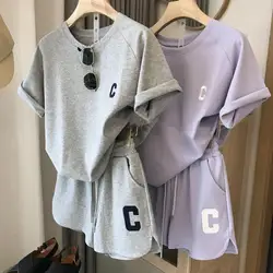 Chándal de verano para mujer, camiseta de manga corta con cuello redondo, pantalones cortos holgados con cintura elástica y cordón, ropa deportiva, 2 uds./Set