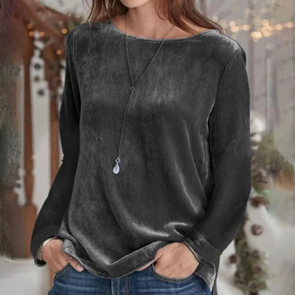 Chic Velvet Sweatshirt  Crew Neck Stretchy Autumn Blouse  Lady Autumn Simple Casual Pure Color Velvet Blouse Top