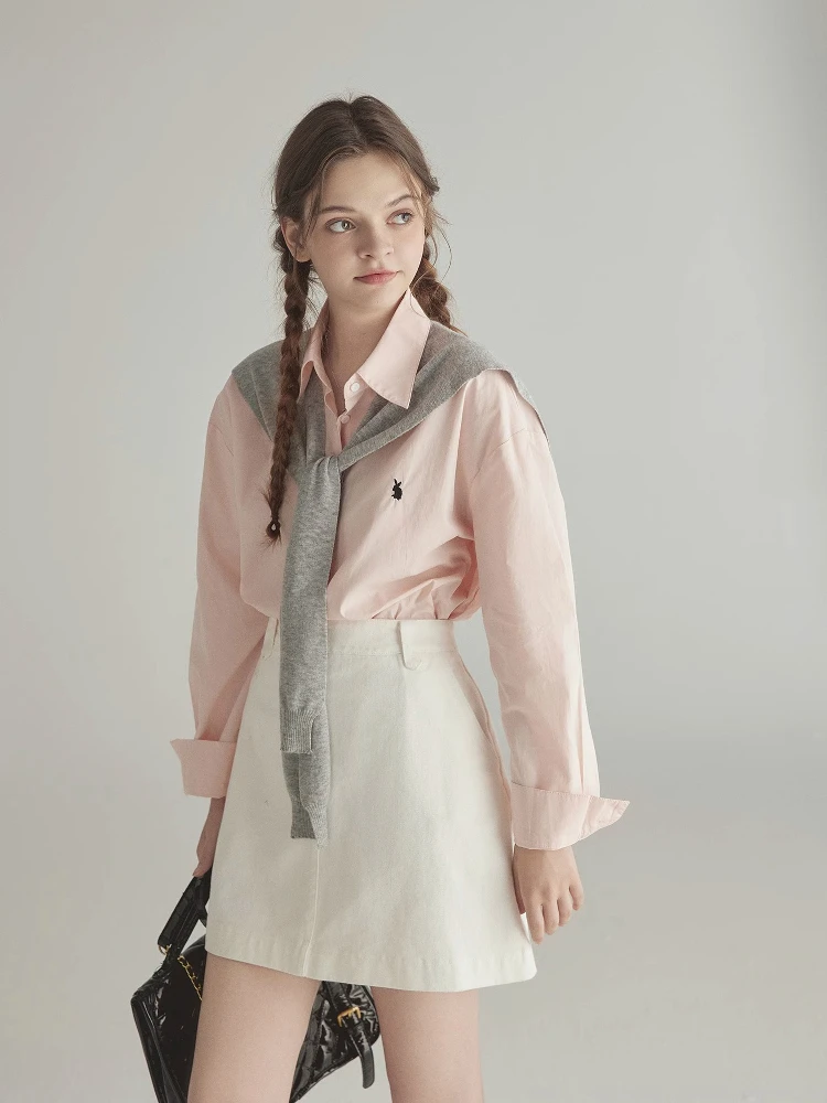 

MiuSui Embroidered Loose Women's irt ey oulder White A-Line Denim Skirt Cotton Long Sve Button Closure Pure Color