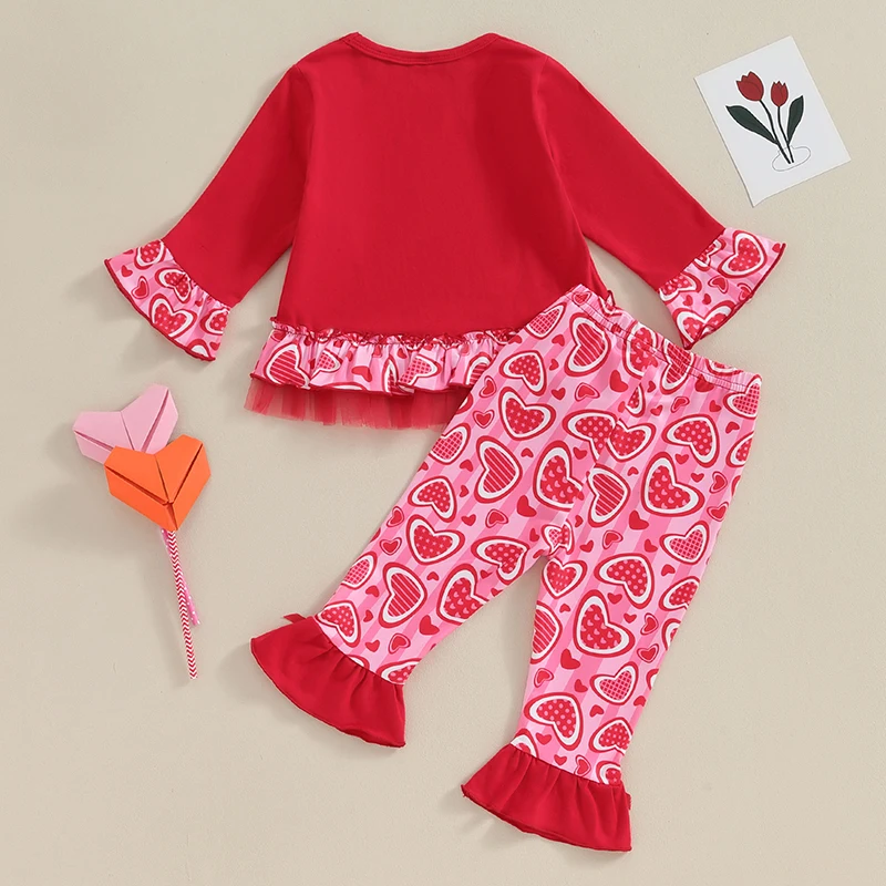 

Girls Valentine s Day Heart Print Long Sleeve Top and Elastic Waist Flare Pants Set - Adorable 2 Piece Outfit for Toddlers