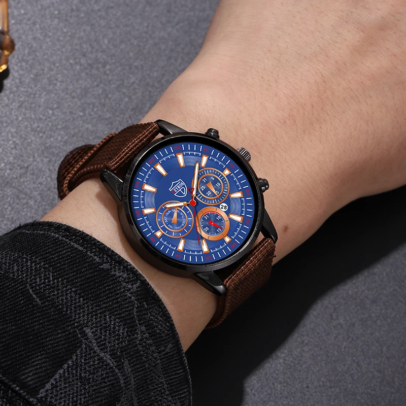 2PCS Set Fashion Mens Watches Man Business Quartz Wristwatch Luxury Nylon Wristwatch Men Casual Brown Wallet Set
