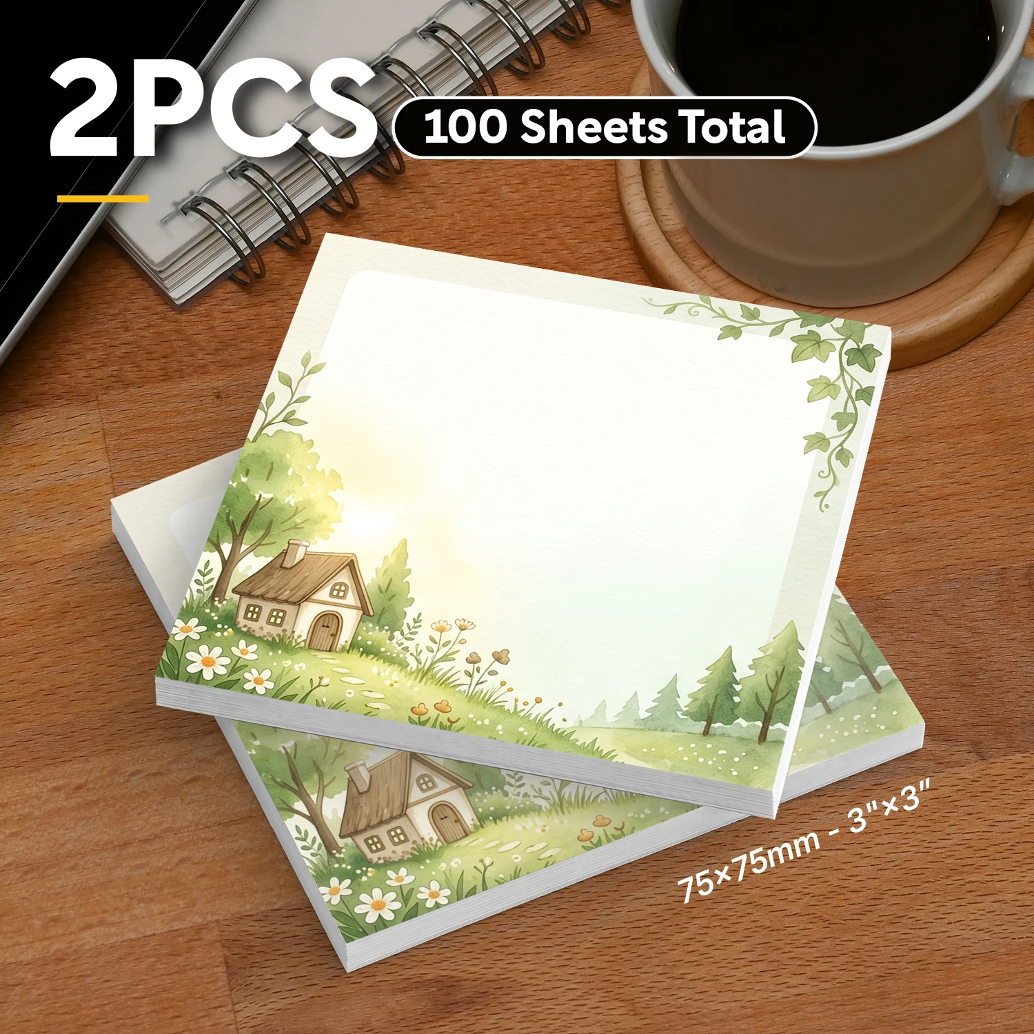 2pcs Woodland Cottage Sticky Notes, Forest Nature Self-Adhesive Memo Pads, 100 Sheets Total, Cute Floral Garden Removable Notes