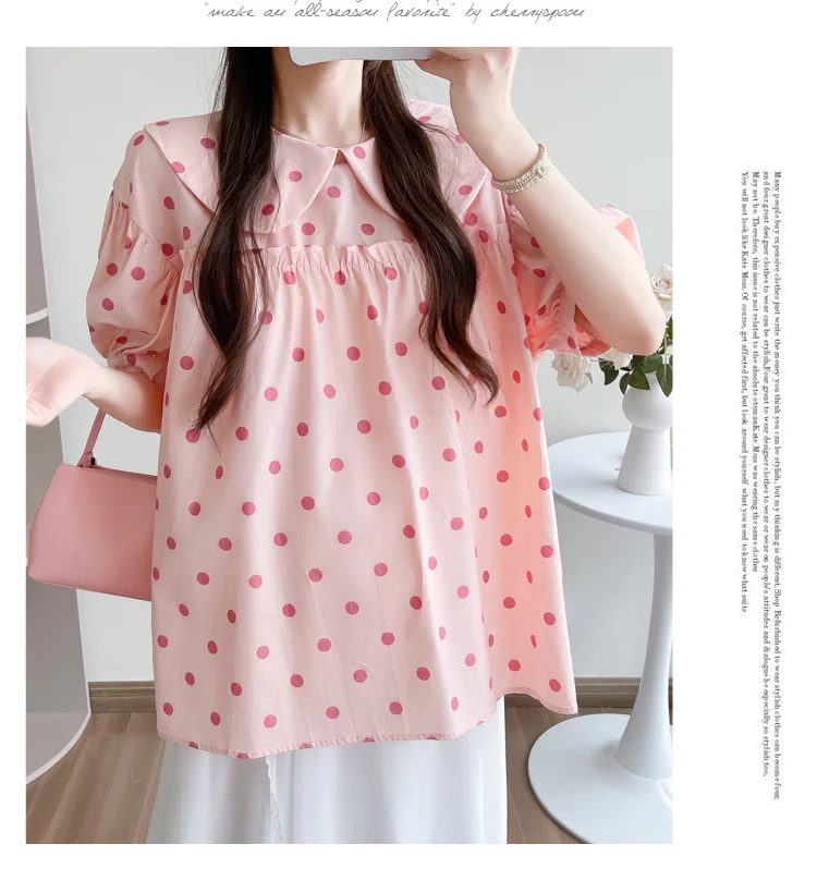 2024 Pregnant Women\'s Summer Polka Dot Blouses Sweet Doll Collar Maternity Blouses With Large Bowknot Lovely Pregnancy Tops Tees