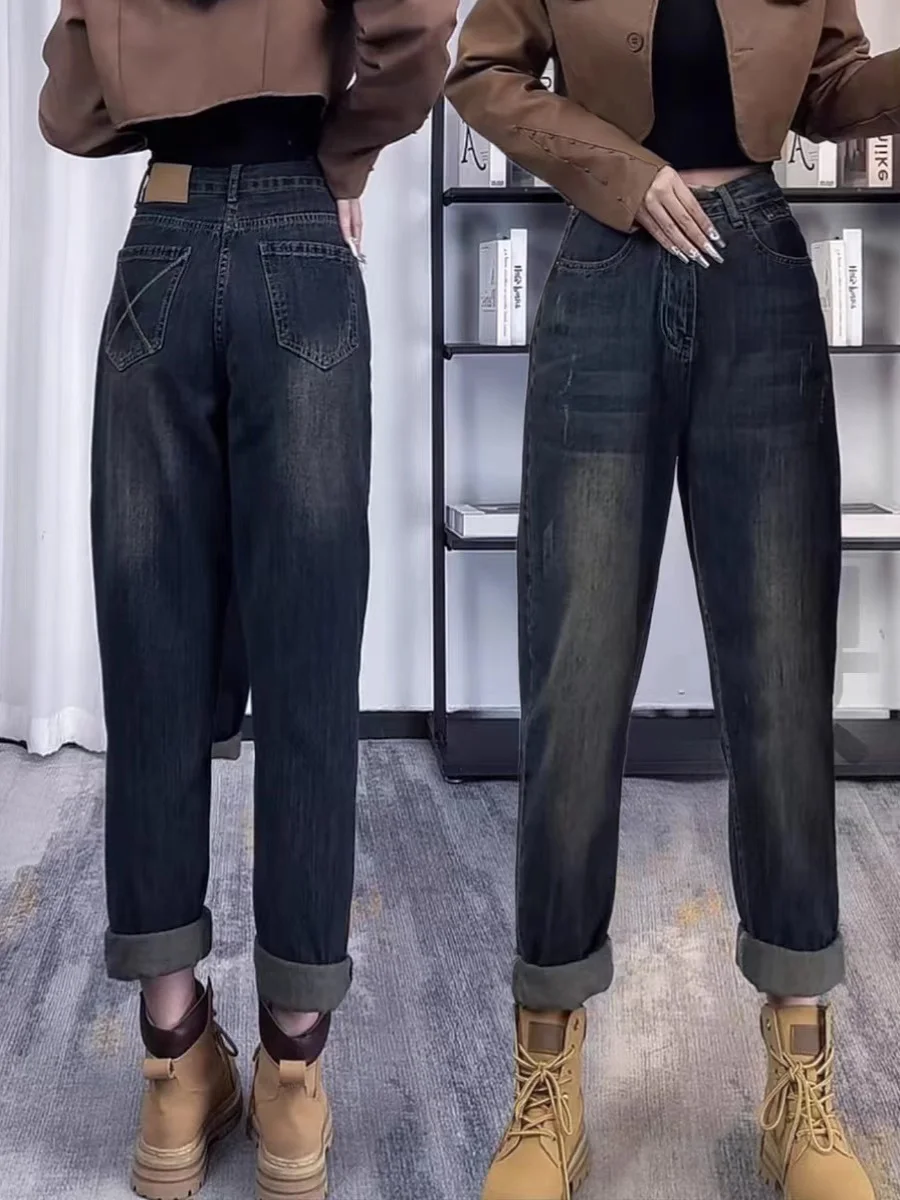 

Джинсы-харлан для полных женщин с высокой талией, утепленные, осенне-зимние, стройнящие, из хлопкового стрейч-денима