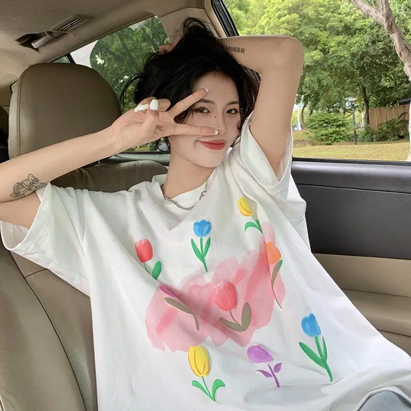 

EBAIHUI Summer New Flower Printed Women T-shirt Cute Casual Loose Ladies Short Sleeved Tee Round Neck Unique Oversized Style Top