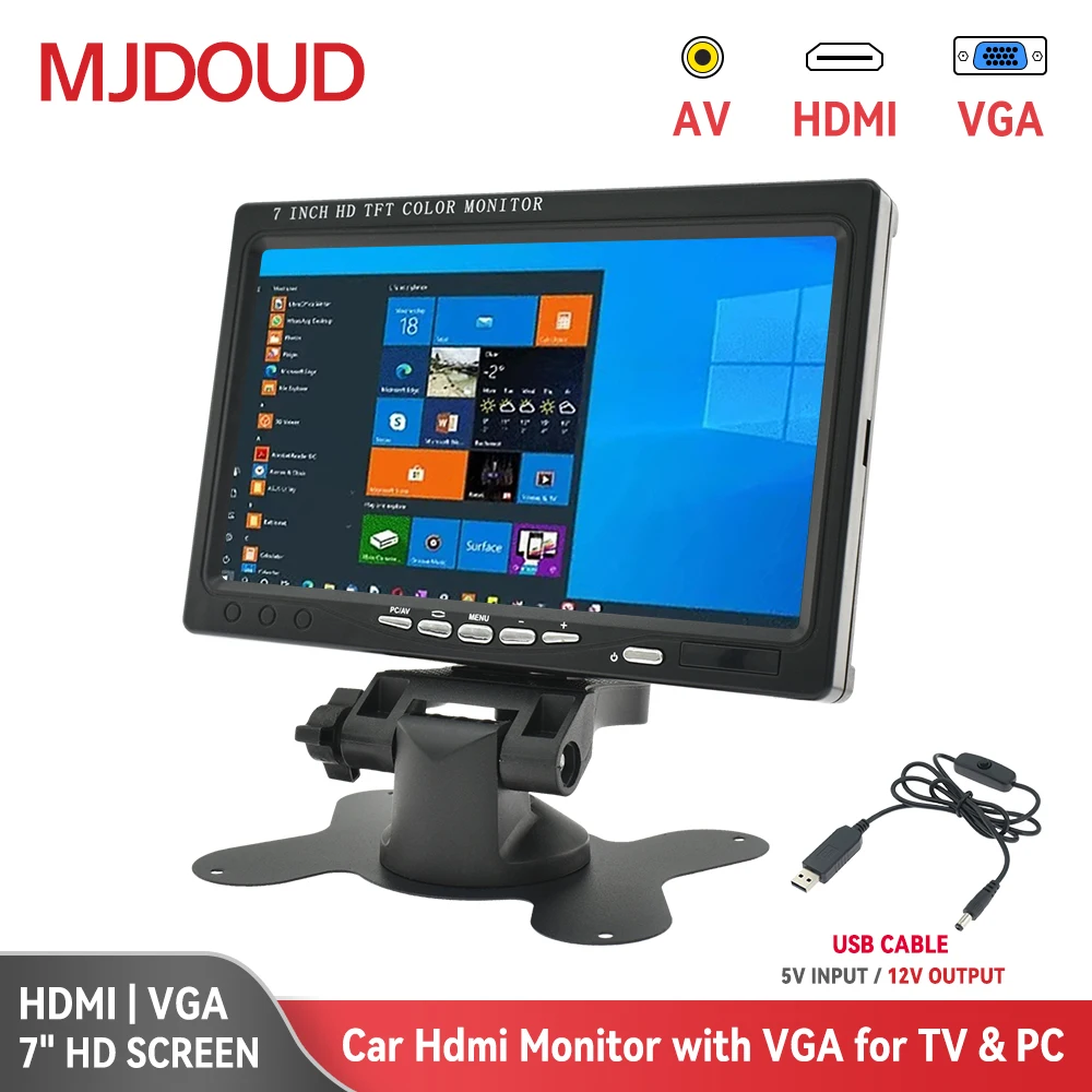 

MJDOUD 7-дюймовый автомобильный Hdmi-монитор для ТВ, ПК, компьютера с VGA-дисплеем, система домашней безопасности, ЖК-экран 1024*600 для резервной камеры