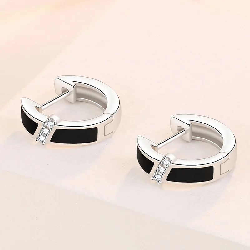 Orecchini a cerchio in cristallo smaltato nero Vintage in argento Sterling 925 per gioielli di moda di fidanzamento di nozze per ragazze da donna