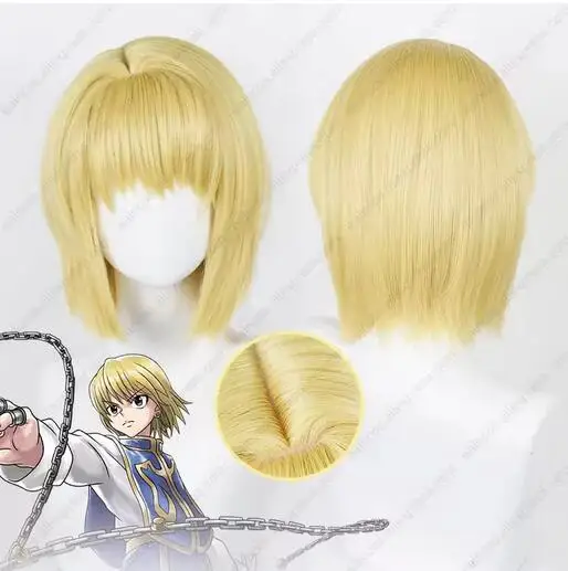 Parrucca cosplay Anime Kurapika Parrucca sintetica resistente al calore per capelli corti dorati chiari da 35 cm Festa di Halloween