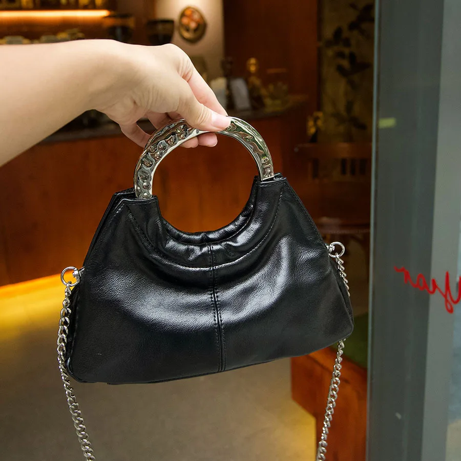 Retro style oil wax leather texture ring handbag fashionable casual pleated design foreign style shoulder messenger bag