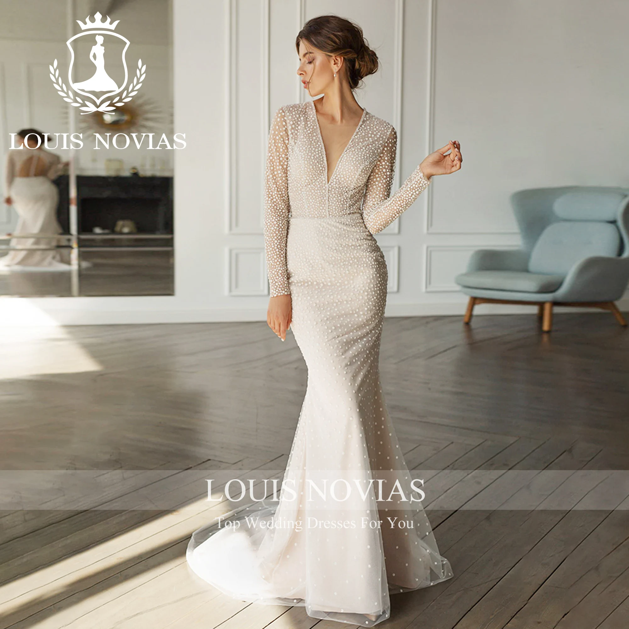 LOUIS NOVIAS Mermaid Wedding Dresses For Women 2023 Simple Long Sleeve Illusion Detachable Train Wedding Gown Vestidos De Novia