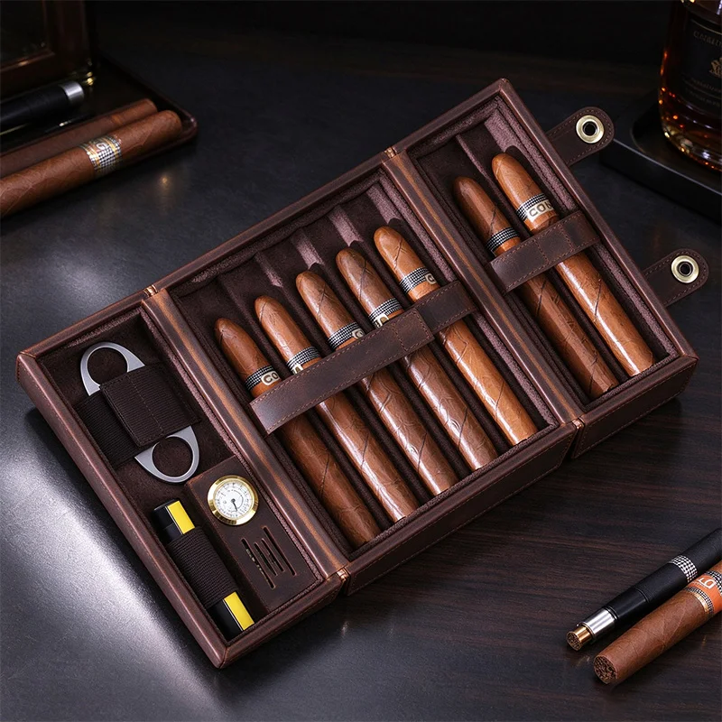 Crazy Horse Leather Cigar Humidor Portable Travel Cigar Case Holds 7 Cigars with Hygrometer Humidifier Storage Slot Gifts