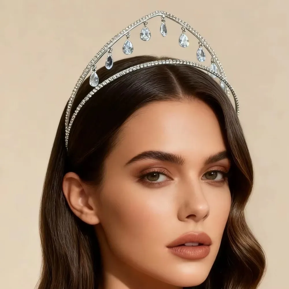New Water Drop Queen Crown Headpiece Double Layer Temperament Princess Headband Rhinestone Women Hair Decoration Prom Jewelry