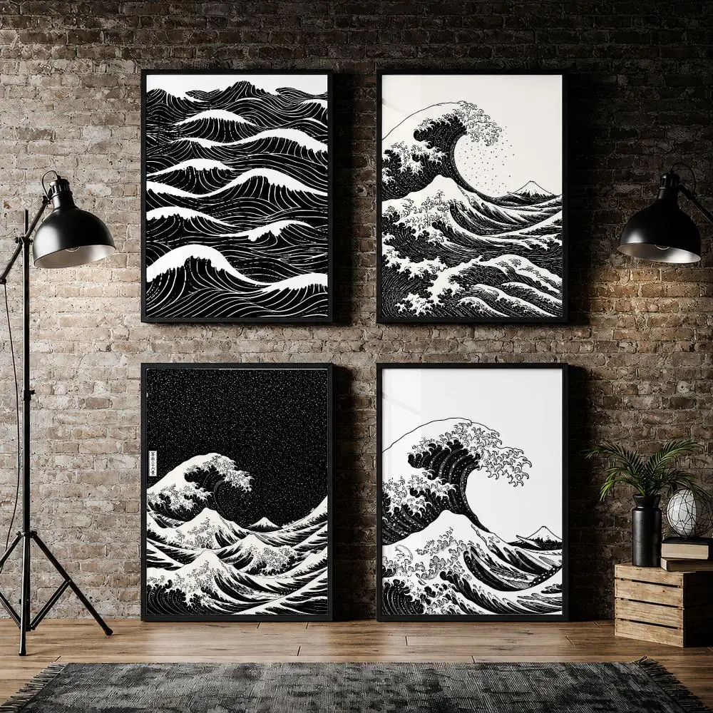 Japanese Black and White Ocean Ukiyo-e Poster PVC HD Peel and Stick Modern Poster Home Office Living Room Dining Room Wall Decor