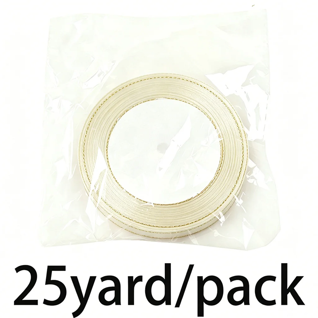(25 Yards/Roll) Beige Gold Edge Satin Ribbon Wholesale Gift Christmas Ribbons (6/10/20/25/40mm)
