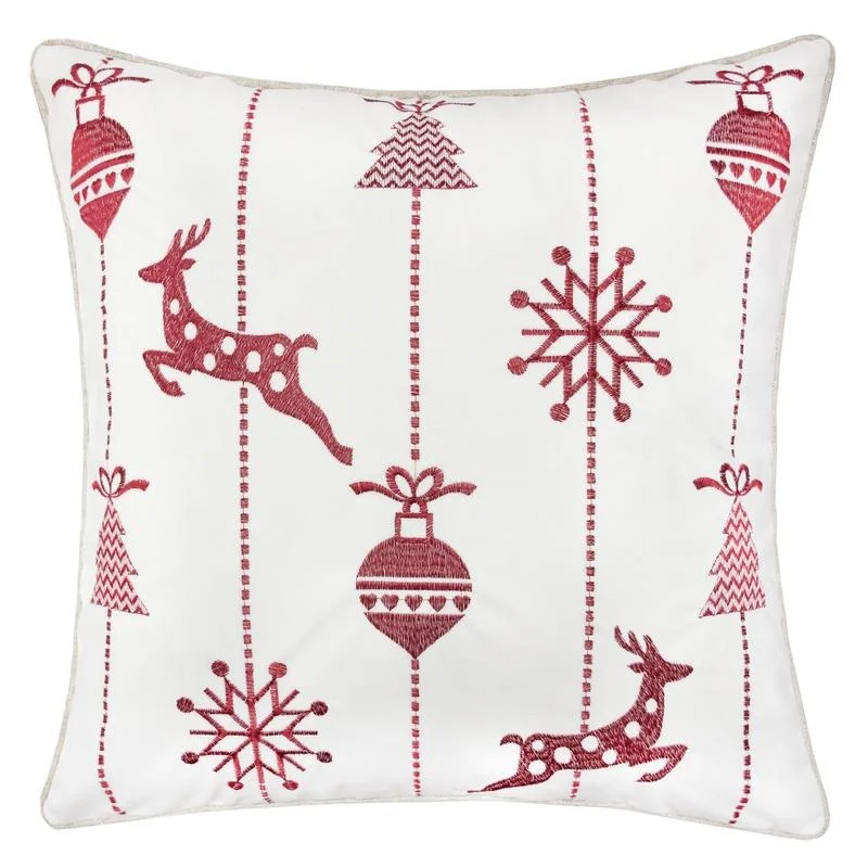 

White Christmas Throw Pillow 20x20 with Red Embroidered Reindeer and Snowflakes Pair