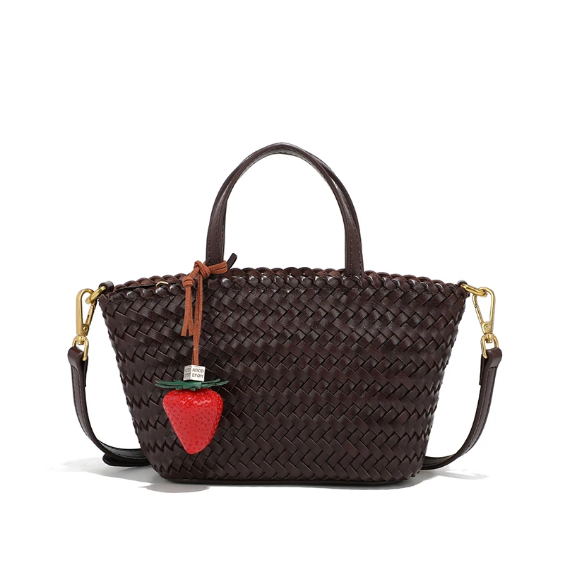 

Crossbody Rattan Woven Shopper Market Basket Shoulder Bag,Women Summer Tote Bag With Strawberry Pendant Charm,Summer Handbag