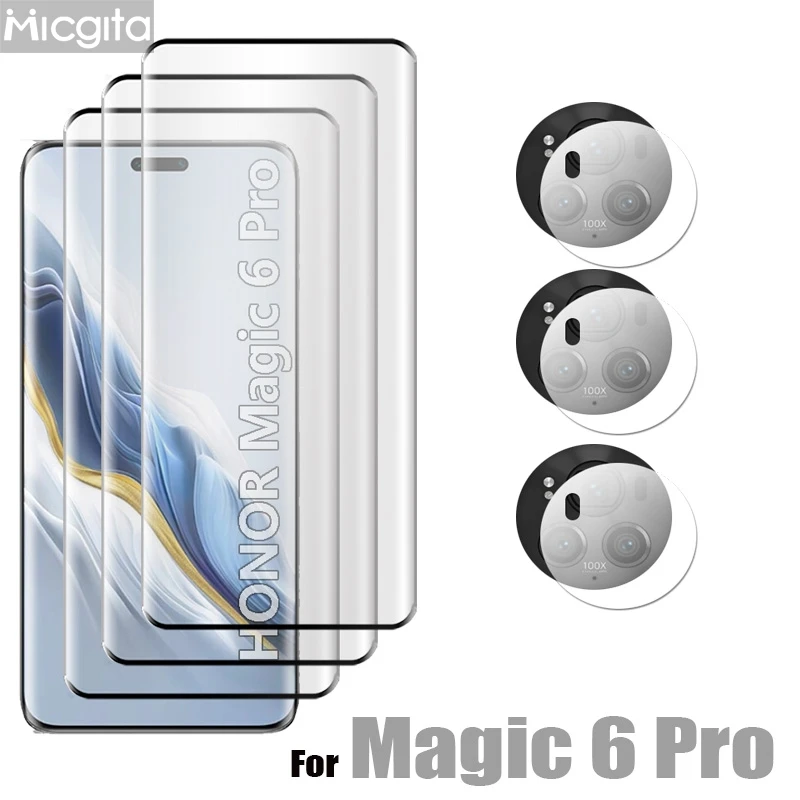 9D Curved Glass Protector For Honor Magic 6 Pro Tempered Front Film and Soft Fiber Lens film For Honor Magic 6 pro