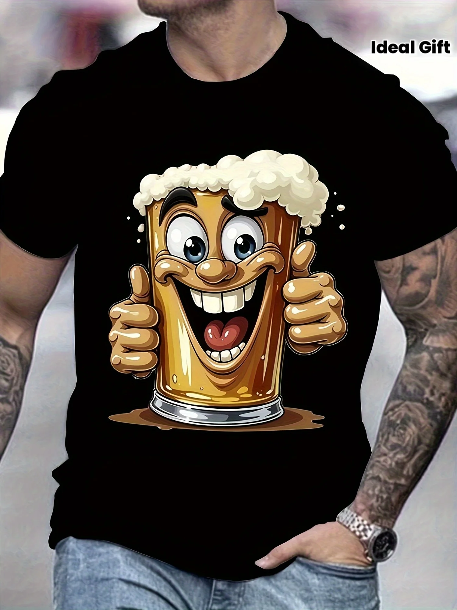 New Fashion Cartoon Beer Mug Print Short Sleeve T-Shirt, Funny Casual Party Men Short Sleeve Top