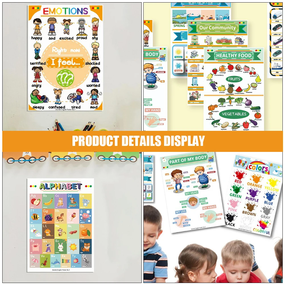 

12 Sheets English Enlightenment Scene Classroom Decorations Preschool Children Posters Kids Interesting White Cardboard