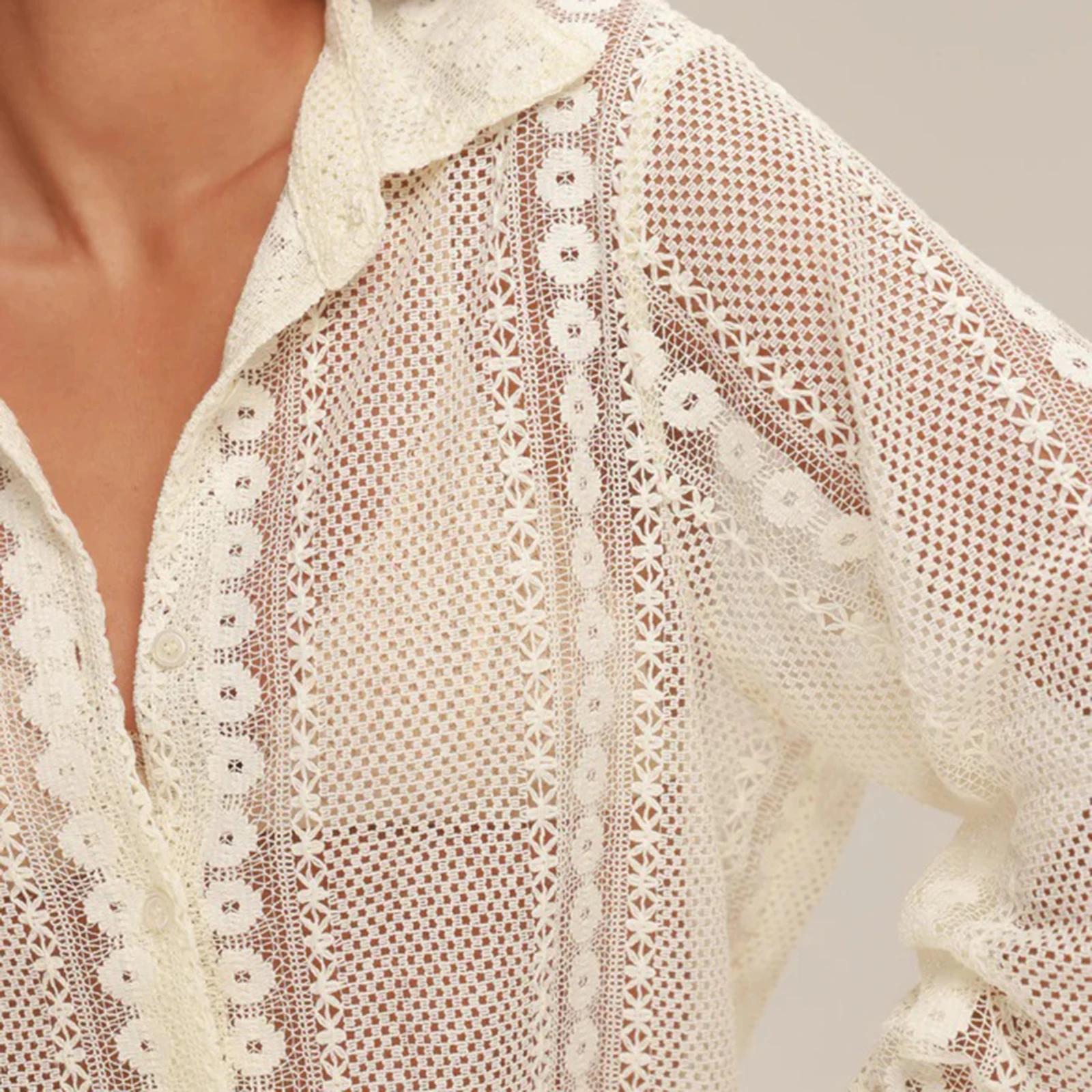 

Женские элегантные кружевные блузки с длинным рукавом и цветочным принтом, рубашка на пуговицах с прозрачным воротником, сетчатая блузка с вышивкой, топы на выход