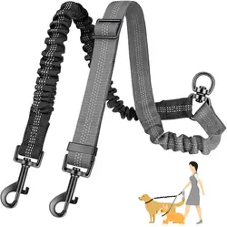 Two Dog Lead, 2 in 1 Upgraded Double Dog Leash Attachment Combine Adjustable Strap and Shock Absorbing Bungee No Tangle Dual Tra