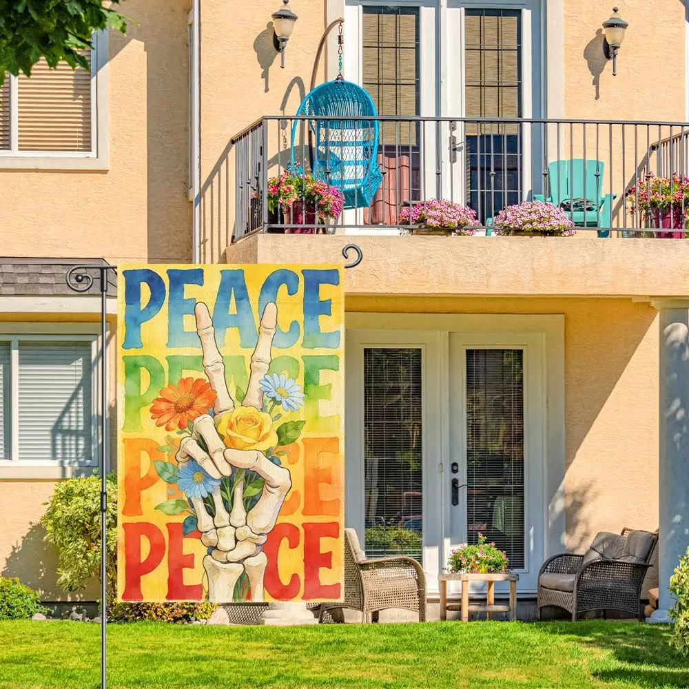 Peace Garden Flags for Outside, Peace Symbol Hand Garden Flag, Funny Skeleton Porch Banner for Men Women, Kindness Yard Sign AAM