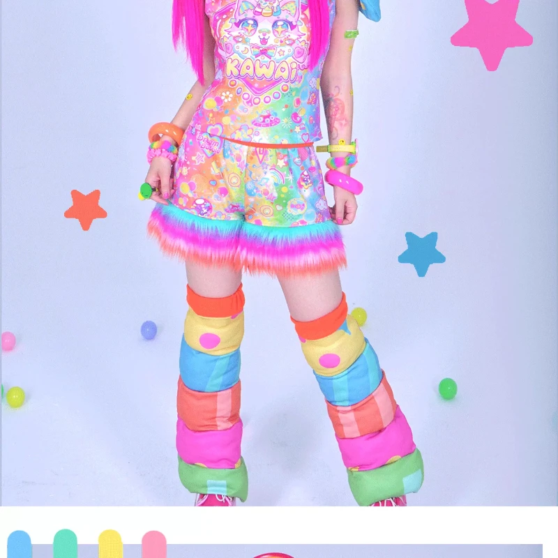 ญี่ปุ่นใหม่พิมพ์สัตว์ที่มีสีสันผู้หญิงเสื้อยืดOriginal Design 2025 ฤดูร้อนหลวมSlimming Fluffy Splicingกางเกงขาสั้นสุภาพสตรี