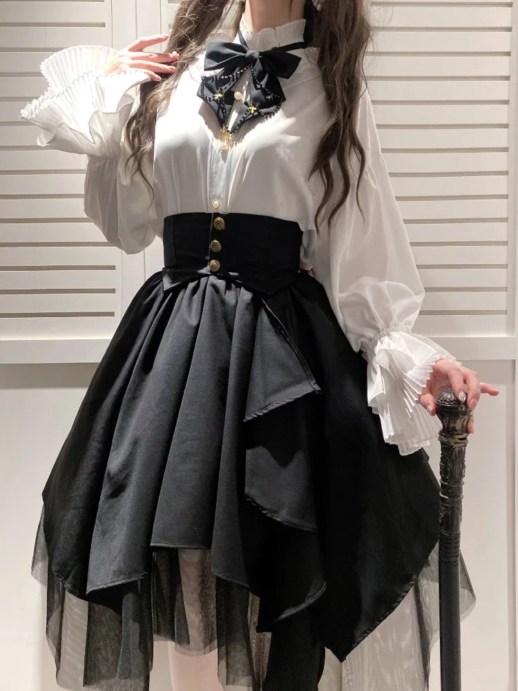 2024 New Retro Lolita Gothic Shirt + Harajuku Vintage Punk Irregular Waist Cinched Mesh Skirt Casual Women's Street Skirts Suit