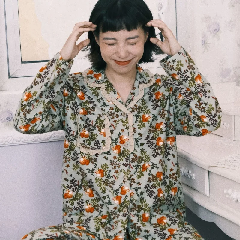 

Autumn Winter Women's Retro Mori Floral Cotton Pajamas Long Sleeved Long Pants Loungewear Set Cozy Comfort Sweet Girl XXL Size