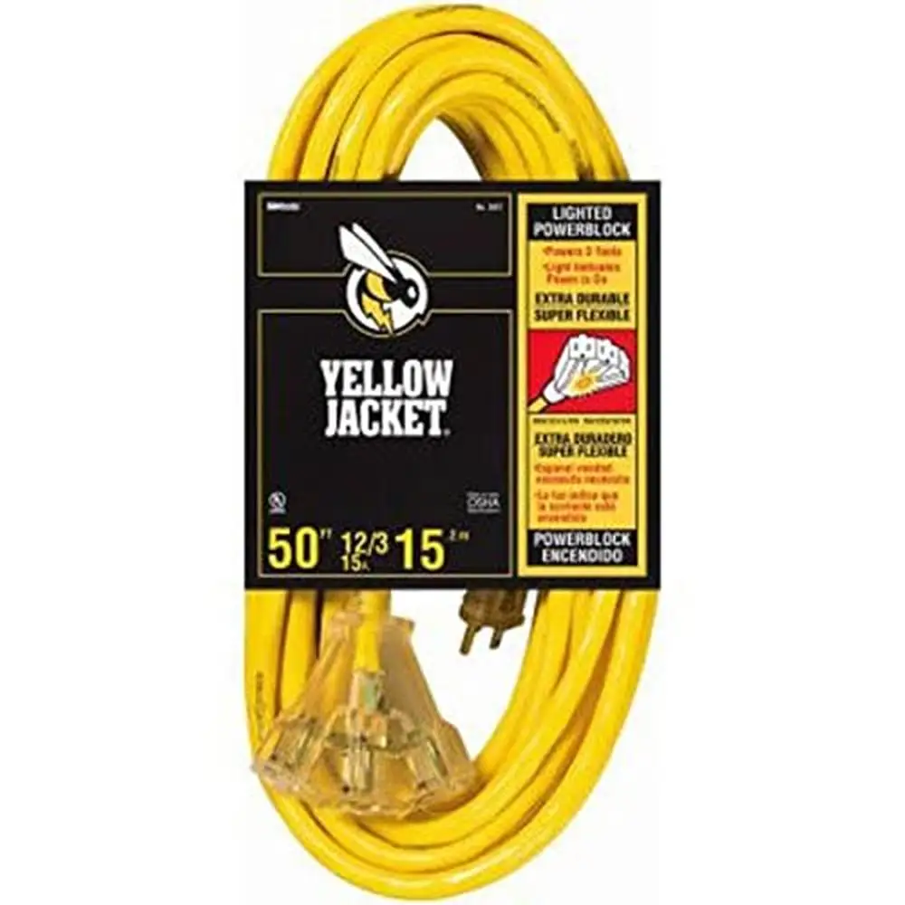 Heavy Duty 50Ft 12 Gauge 3-Outlet Extension Cord Lighted End Weather Resistant SJTW 2827