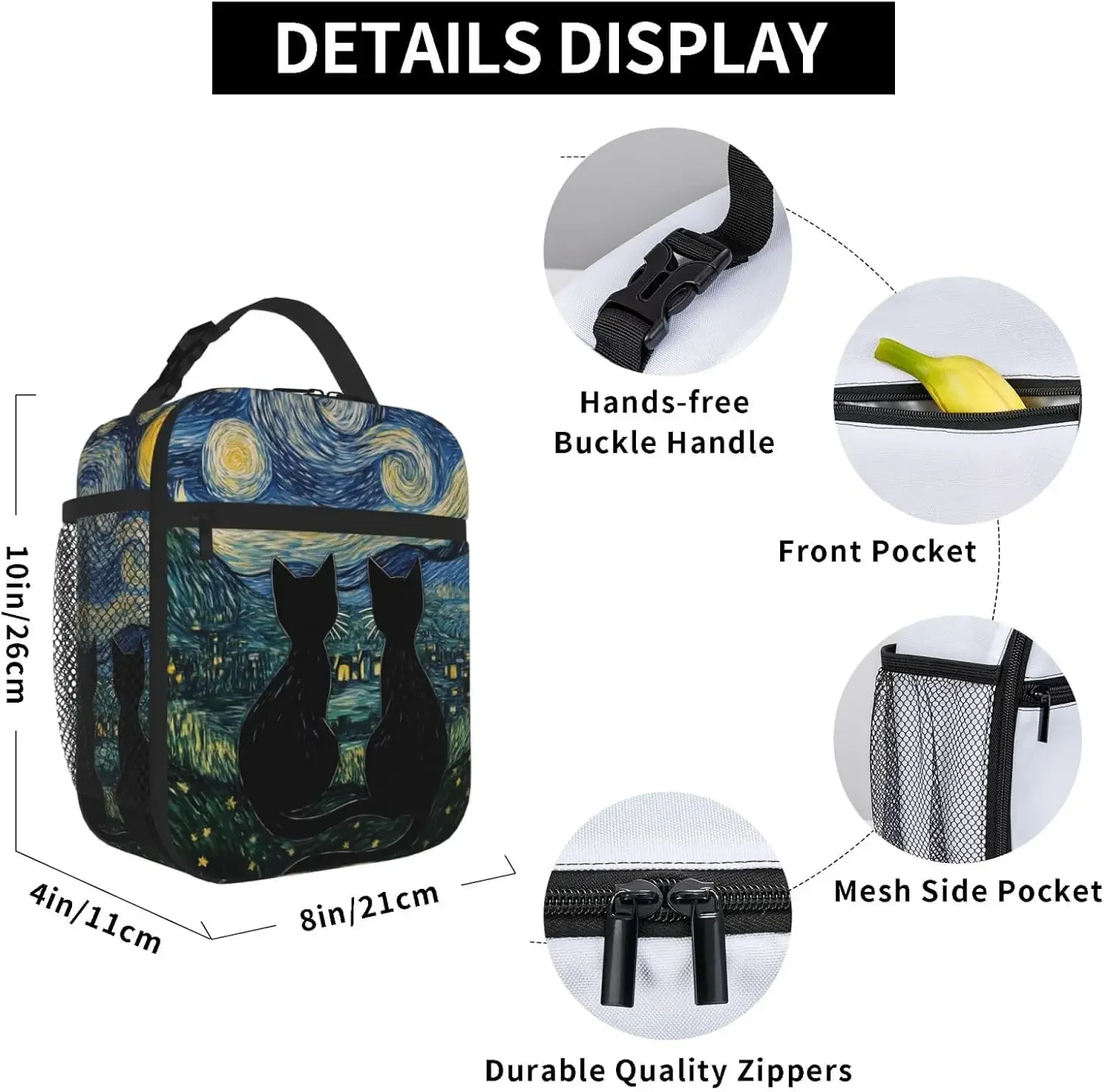 Starry Night Black Cat Lunch Bag Lunch Box Women Men Lunchbox for Work Travel Picnic Beach Adjustable Strap Insulated Adult