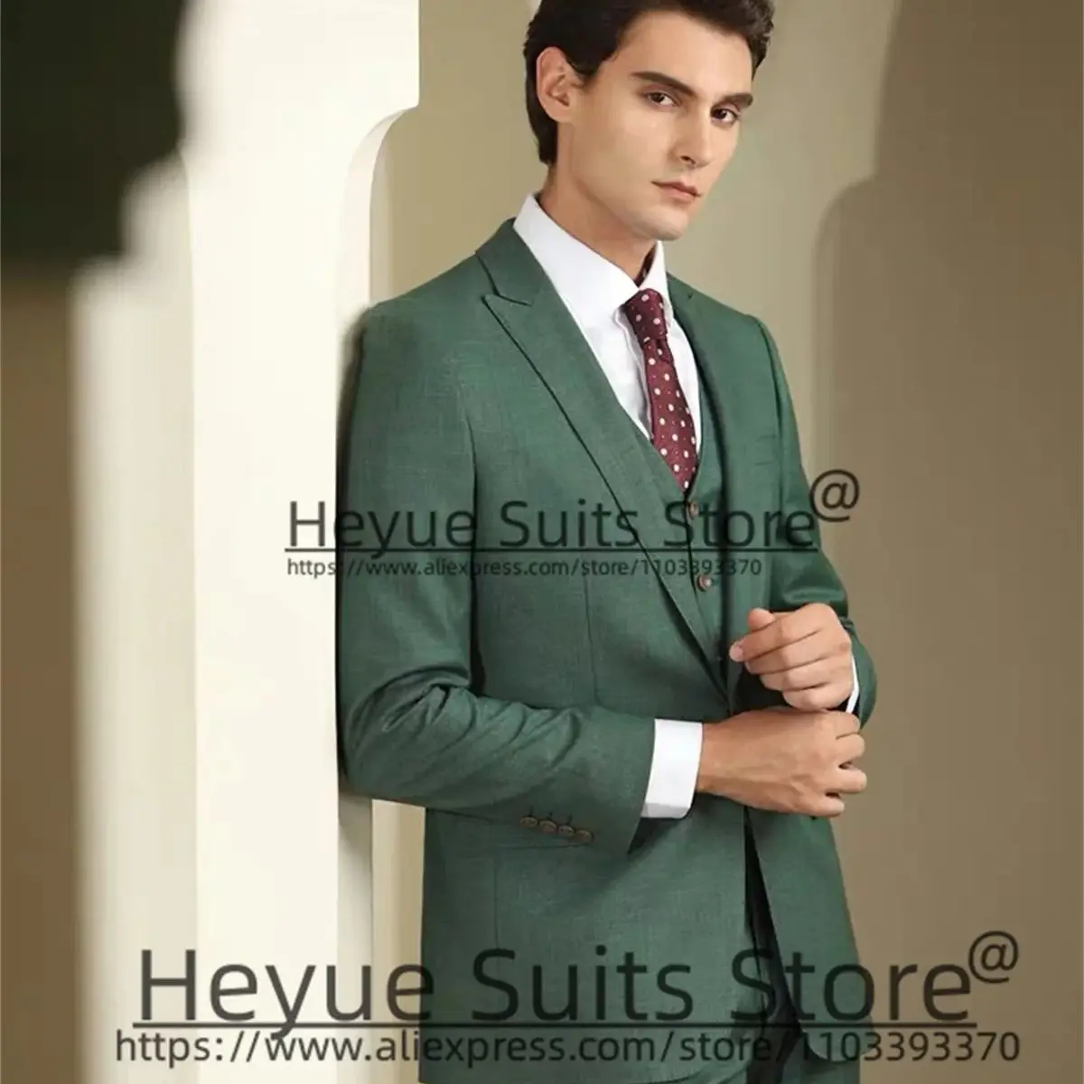 

Groom Formal Wedding Tuxedos Elegant Green High-end Slim Fit 3 PCS Sets Custom Peak Lapel Business Male Blazer trajes de hombre