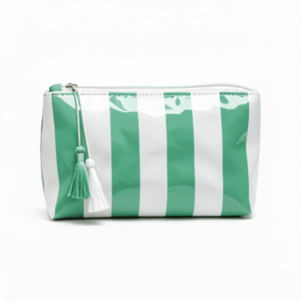 Waterproof Striped Cosmetic Bag Polyester Lining Tassel Pendant PVC Toiletry Bag Large Capacity Smooth Zipper Beach Storage Bag