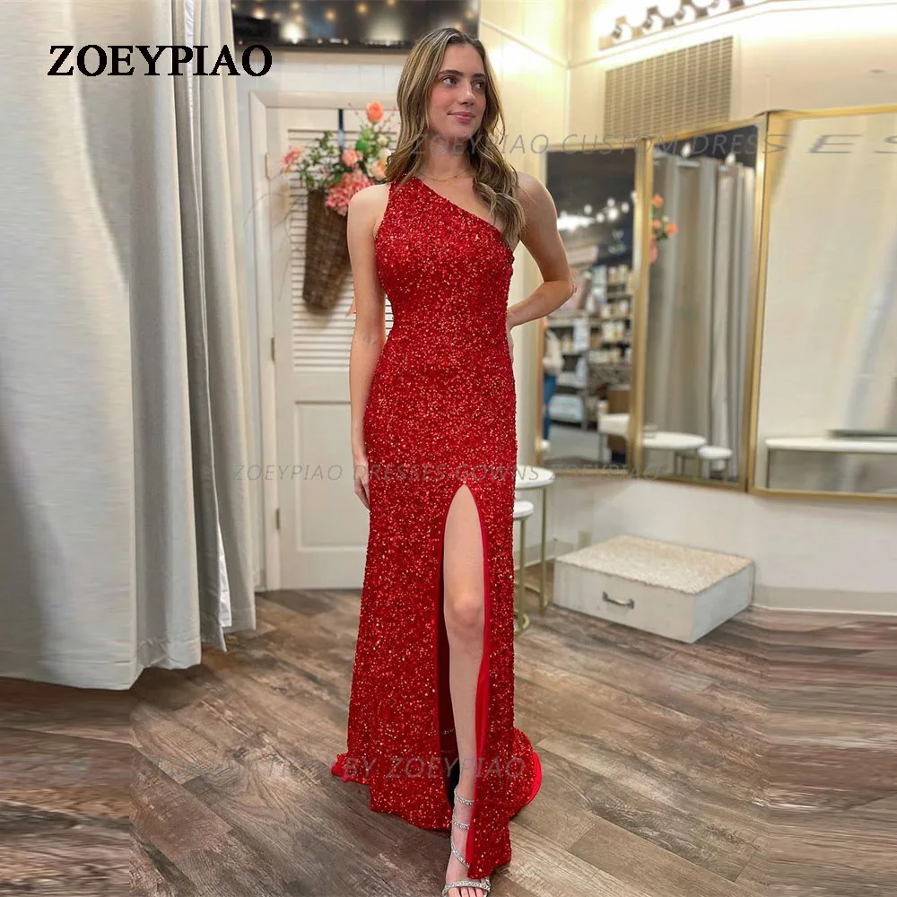 Red One Shoulder Sequins Pleated Shiny Mermaid Long Side Slit Sleeveless Formal Event Dress Evening Gowns Vestidos Dresses