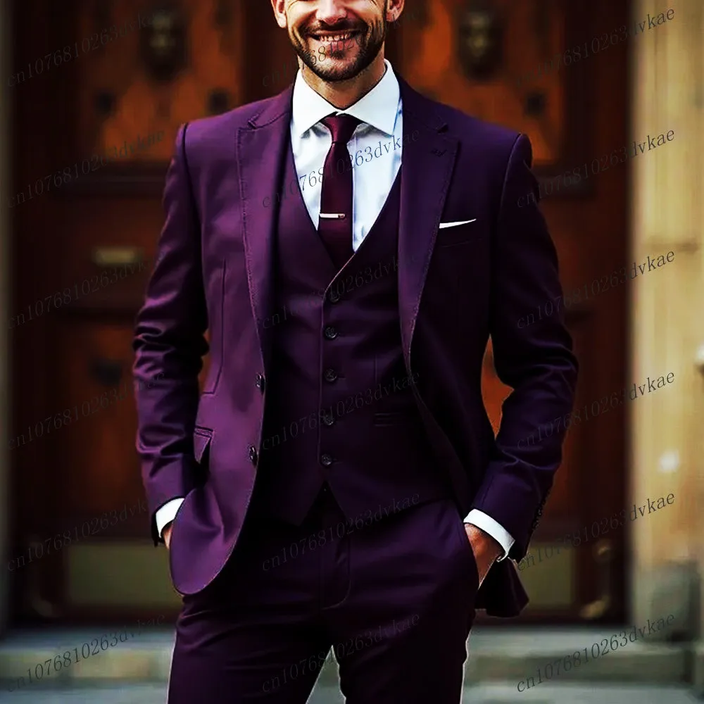 

Dark Purple Business Men Suit Formal Occasions Tuxedos Groom Groomsman Prom Wedding Party Formal 3 Piece Set Jacket Vest Pants