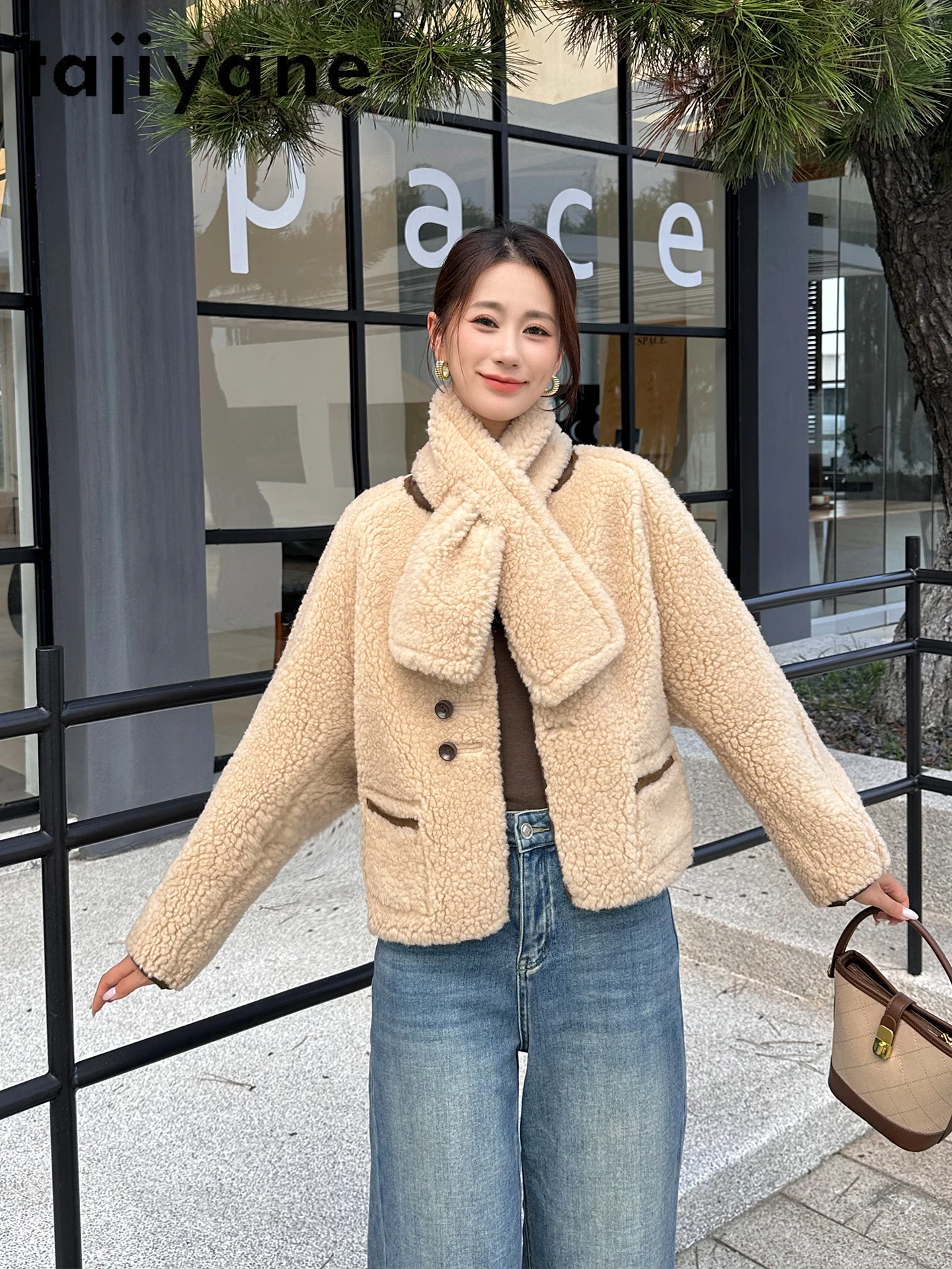 TAJIYANE 100% 리얼 울 코트와 스카프 여성용 시크 리버시블 숏 양털 외투 겨울 여성 의류 2025