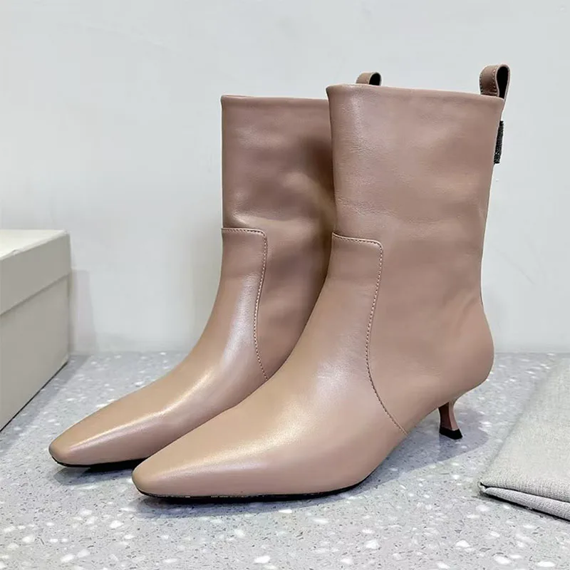 جديد جلد الغزال أحذية بوت قصيرة امرأة هريرة الكعوب المدرج أحذية امرأة أشار تو سلسلة سلسلة حبة عالية الكعب الأحذية النسائية