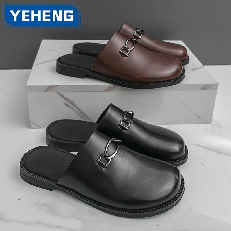 

Мужские кожаные тапочки на низком каблуке, дышащая мужская полуобувь, деловая повседневная модная обувь на плоской подошве, мужская обувь Muller