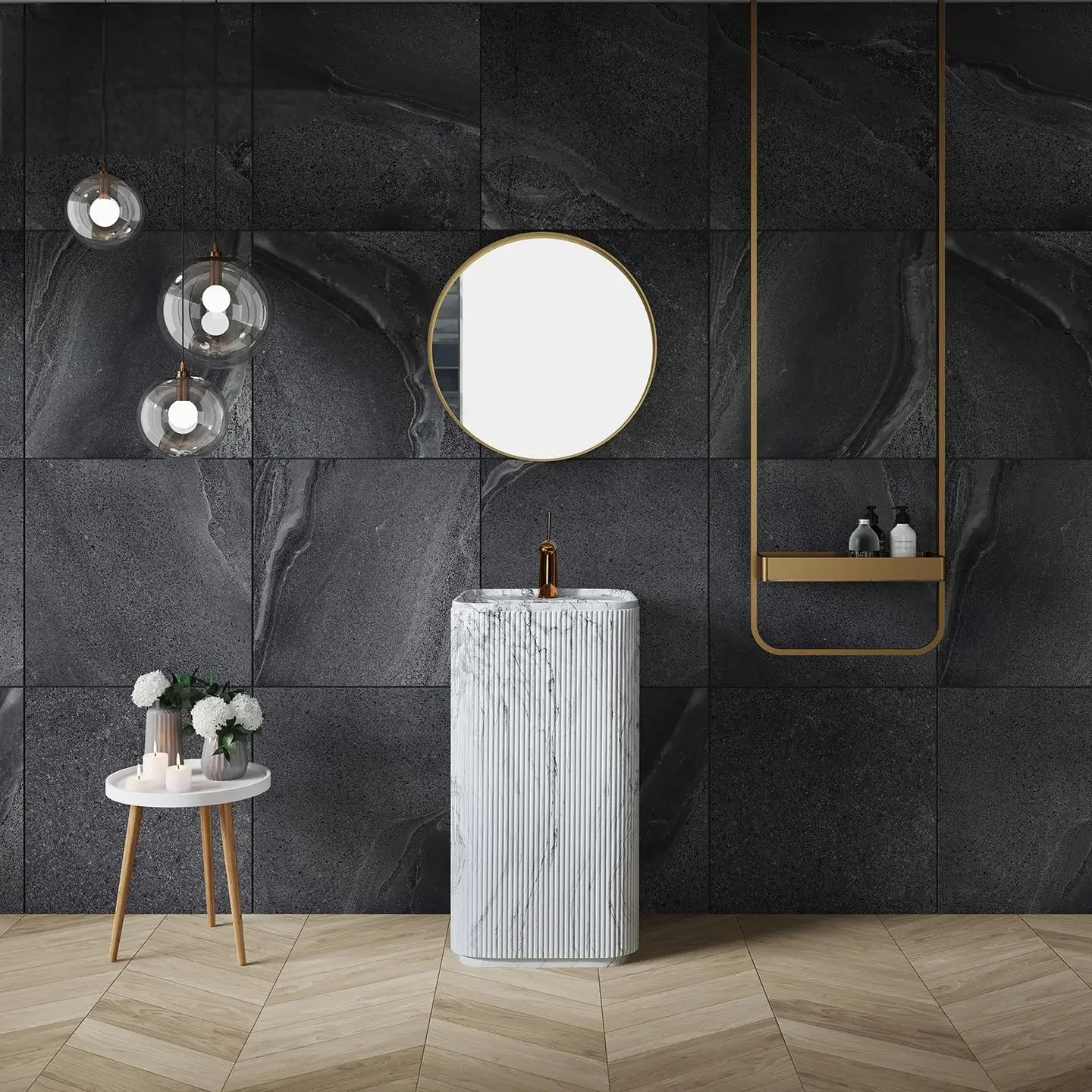 Luxury Calacatta Pedestal Sink, Italian Freestanding Artificial Marble Basin with Faucet for Hotel Villa