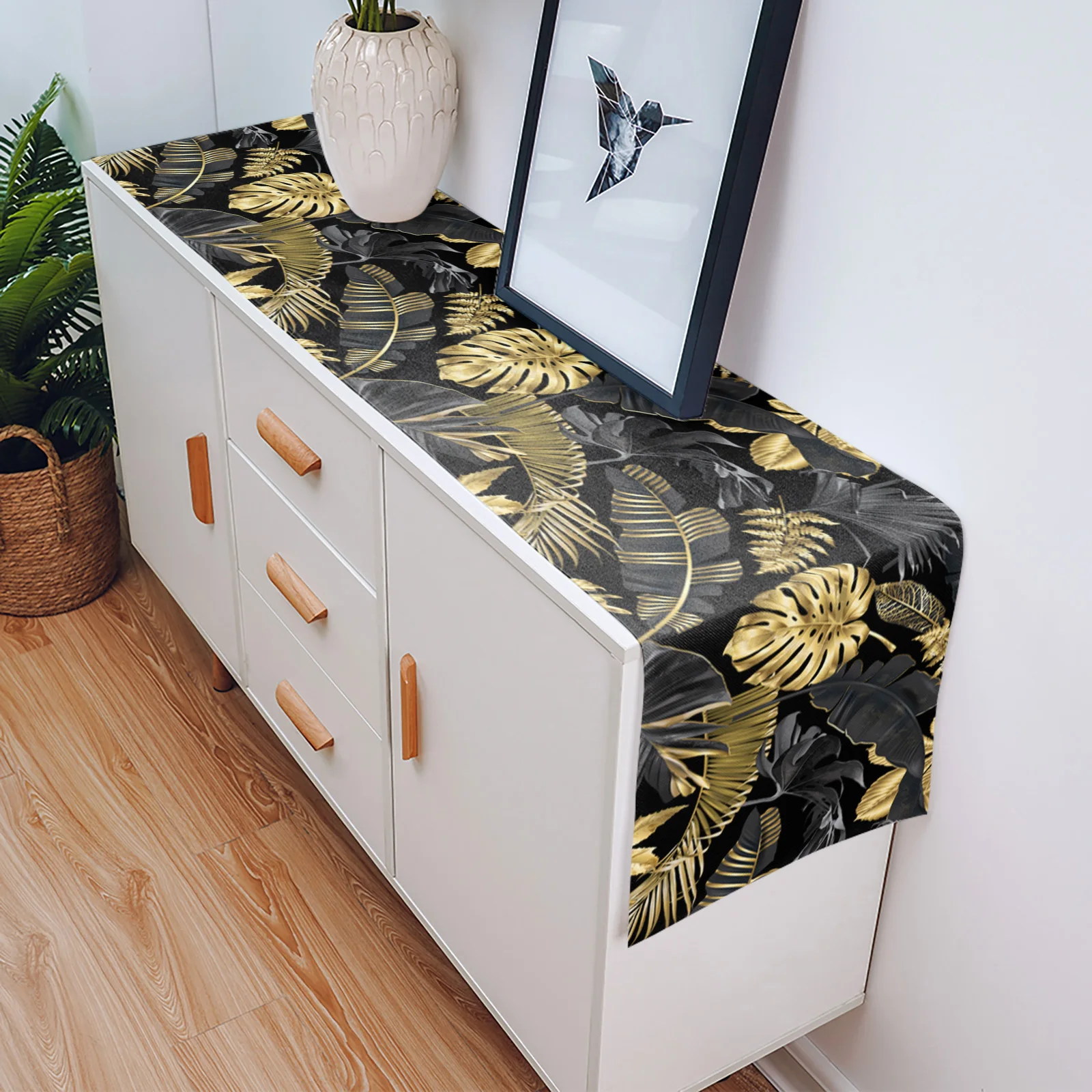Golden Leaves Black Background Linen Table Runners Kitchen Decoration Washable Farmhouse Wedding Party Decor
