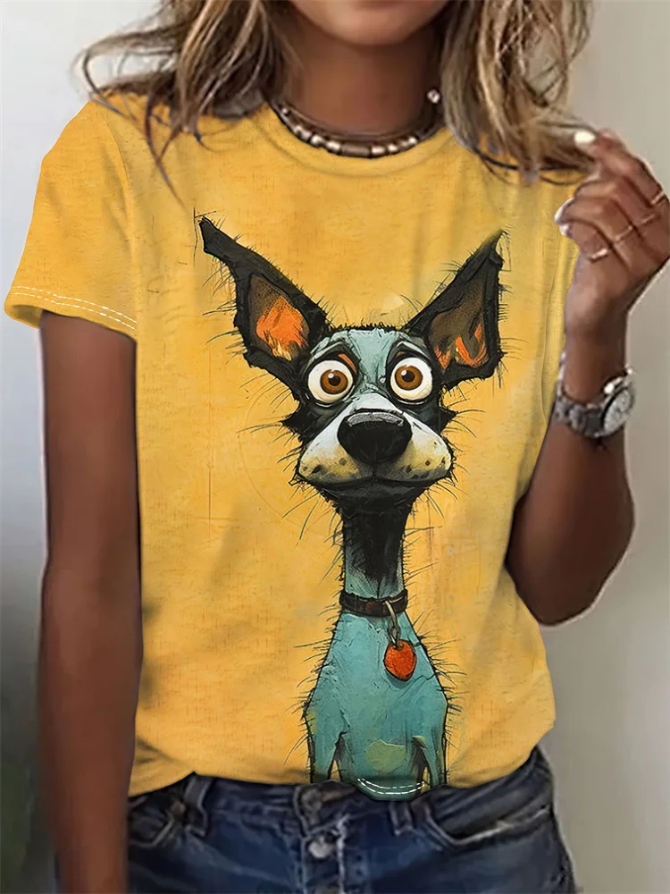 

Women's Dog Pattern Printed RoundSummer Short Sleeve Funny Neck T Shirt Spring Summer Casual Short Sleeve Knit Sweater Women's
